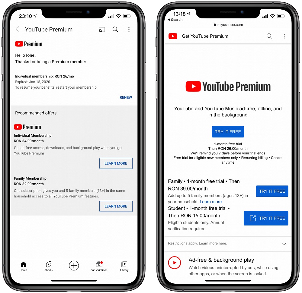 Youtube Premium prices
