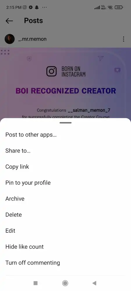 Instagram pin to profile options