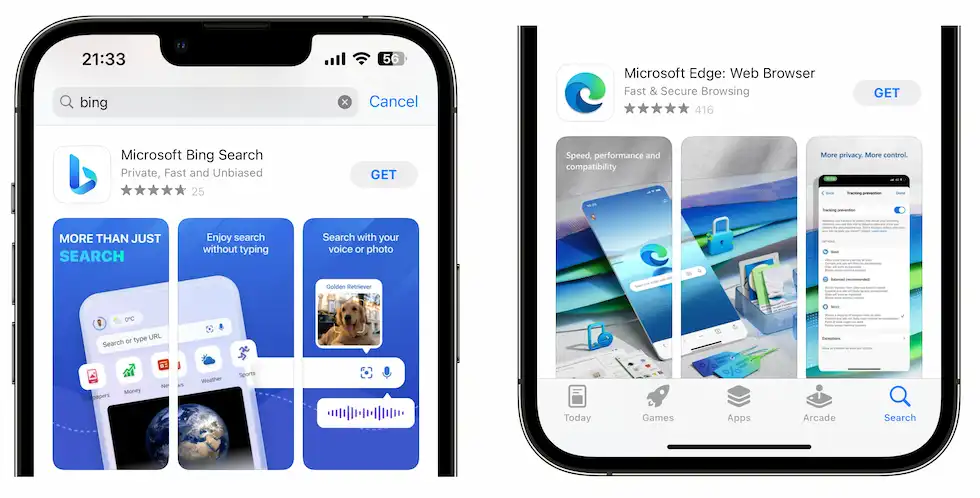 Bing si Edge sunt în topul App Store pentru cele mai descărcate aplicații