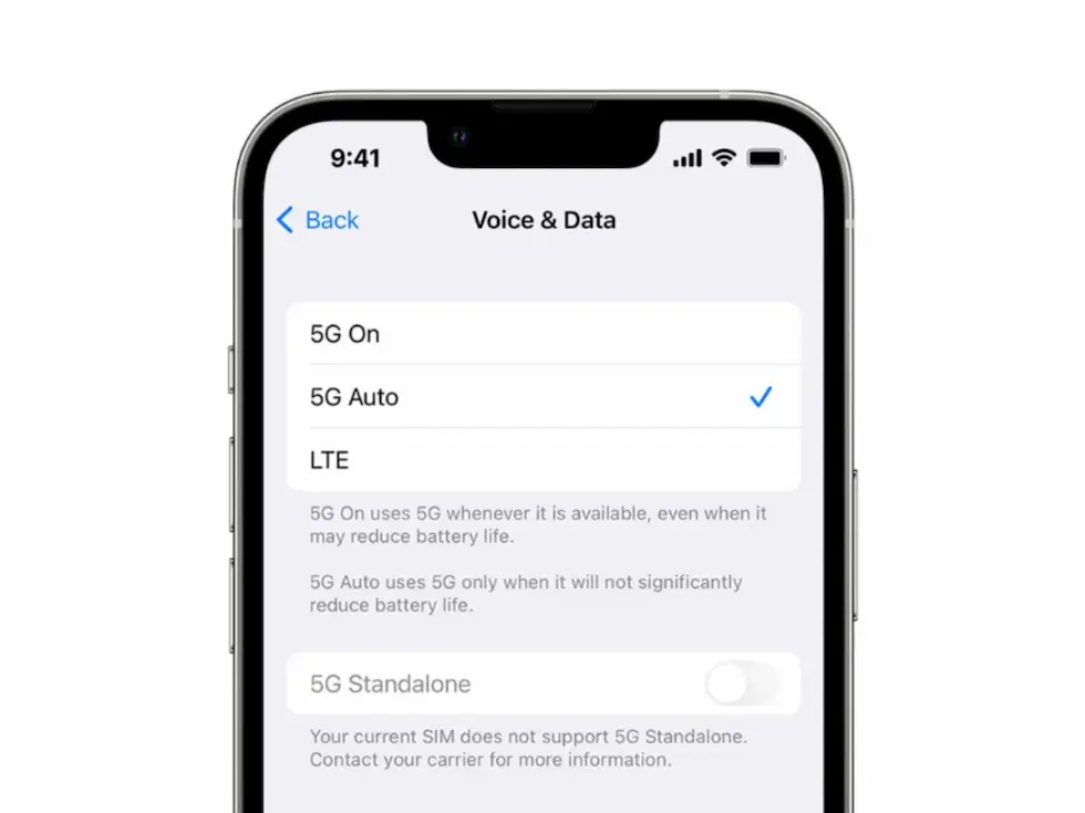 iPhone 5G Standalone optiune in setari date mobile