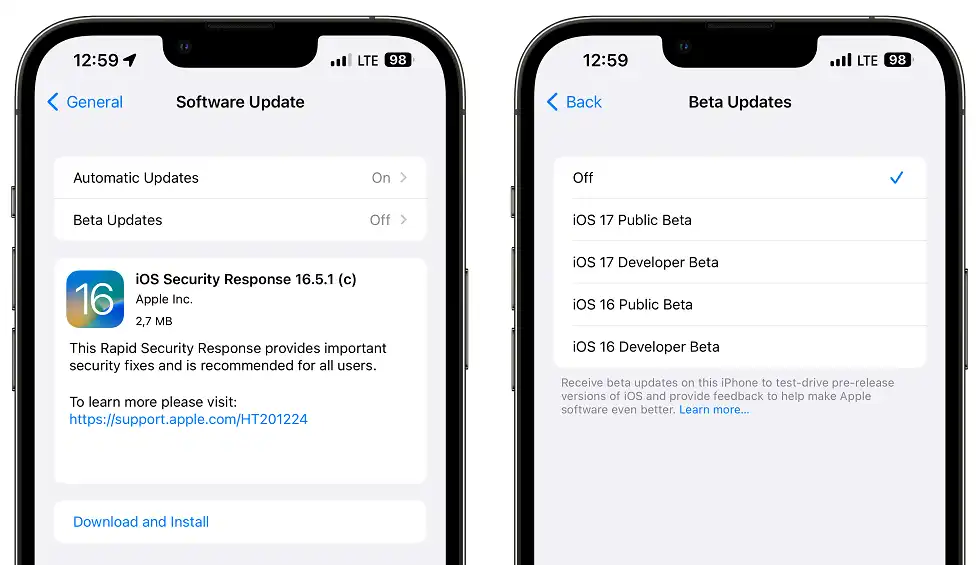iOS 16.5.1 c Response Security si iOS 17 Public Beta1