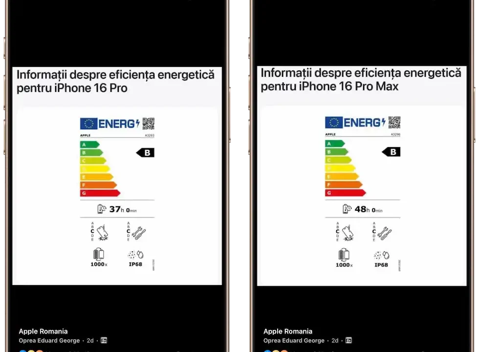 Eticheta verde pentru iPhone 16 Pro și iPhone 16 Pro Max