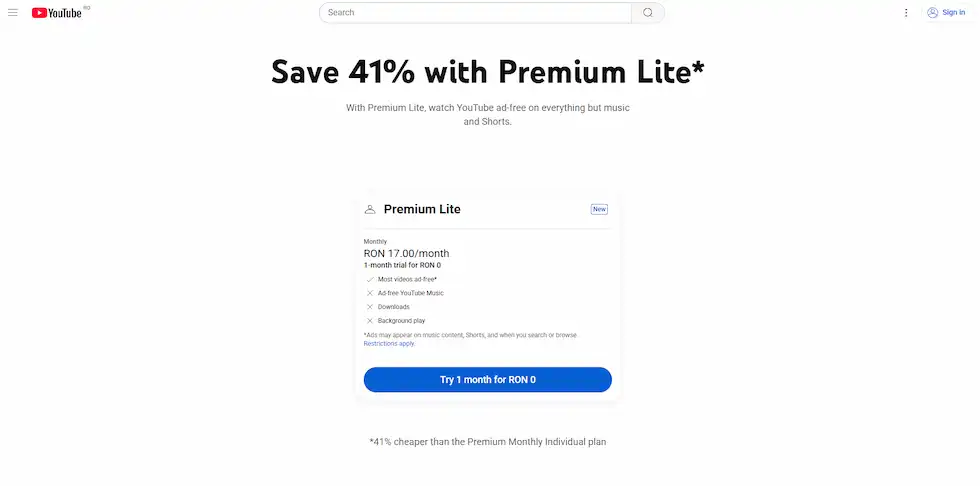 YouTube Premium Lite este disponibil în România
