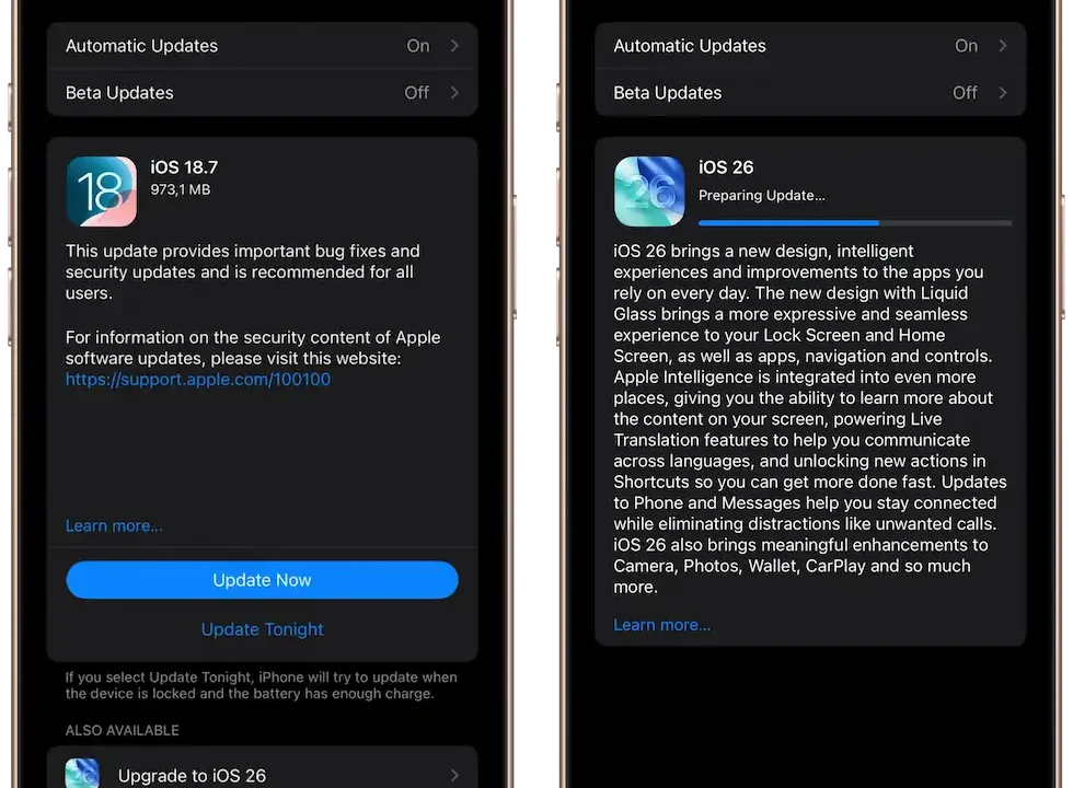 iOS 18.7 și iOS 26
