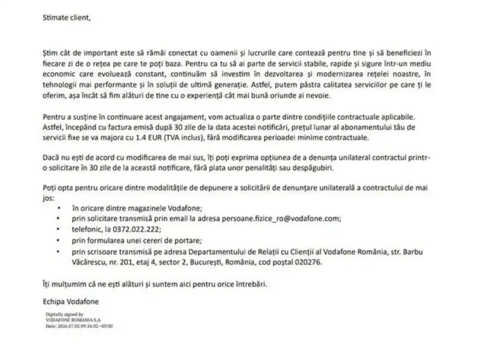 Notificare Vodafone servicii fixe