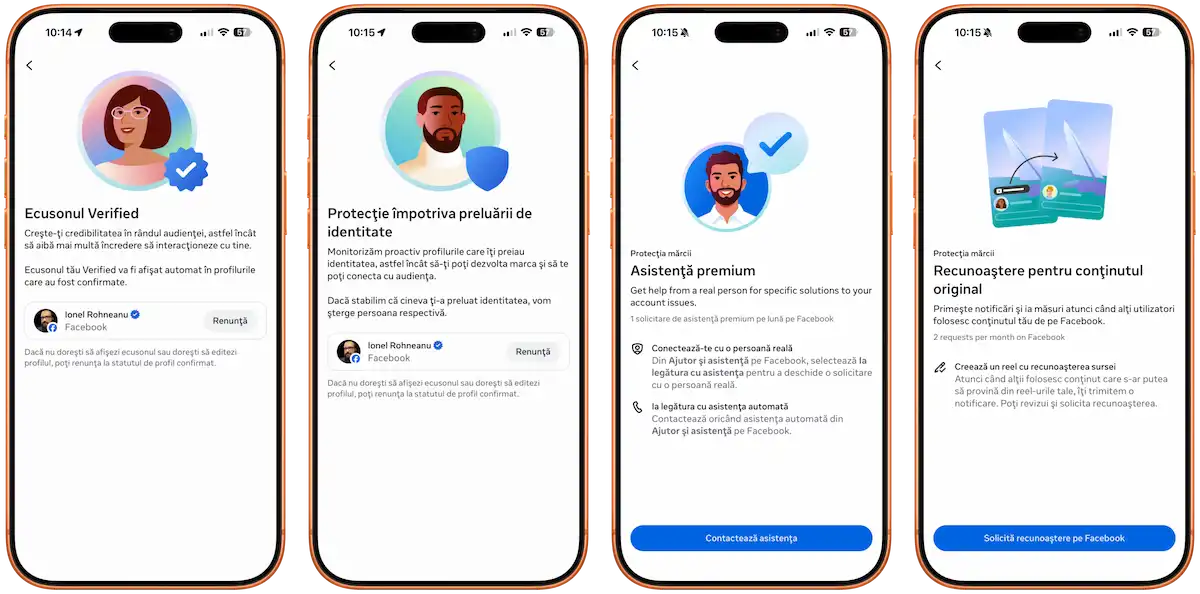 Captură de ecran cu patru telefoane mobile care prezintă beneficiile abonamentului Meta One, inclusiv ecusonul Verified și protecția pentru conținut