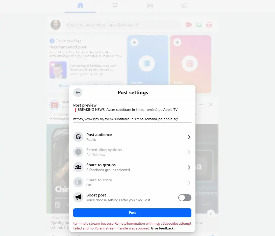 Facebook Meta One subscription desktop