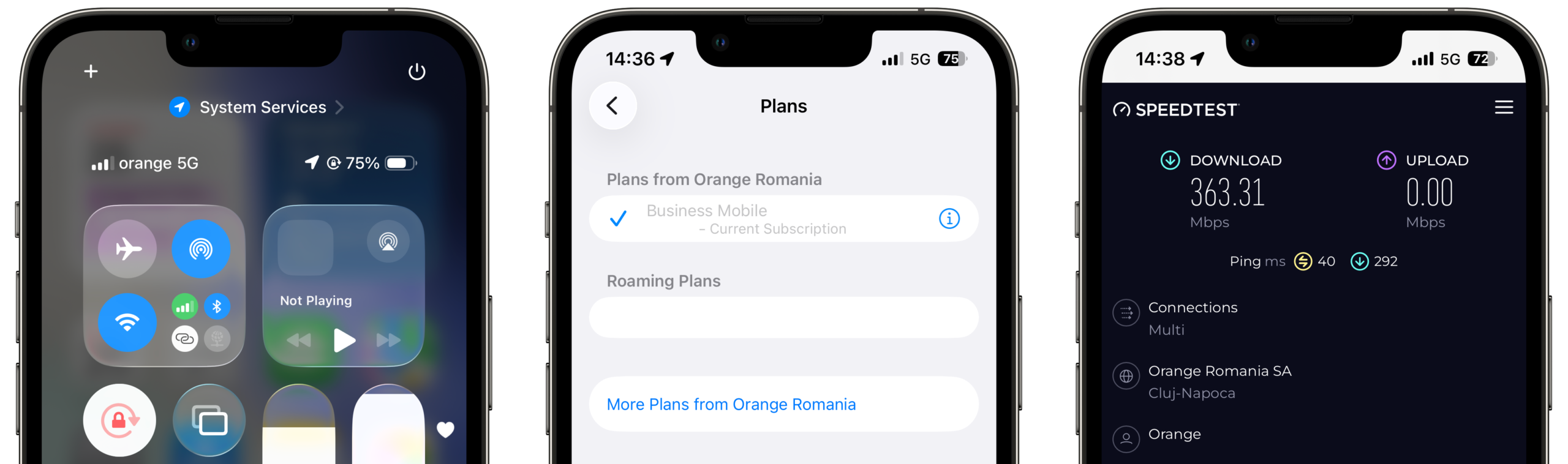 Capturi de ecran pe un iPhone care arată rețeaua Orange 5G, un abonament de companie și rezultatul unui test de viteză de 363 Mbps