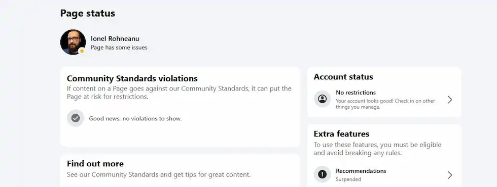 Captură de ecran care arată starea paginii Facebook a lui Ionel Rohneanu, cu mențiunea că pagina are probleme și recomandările sunt suspendate