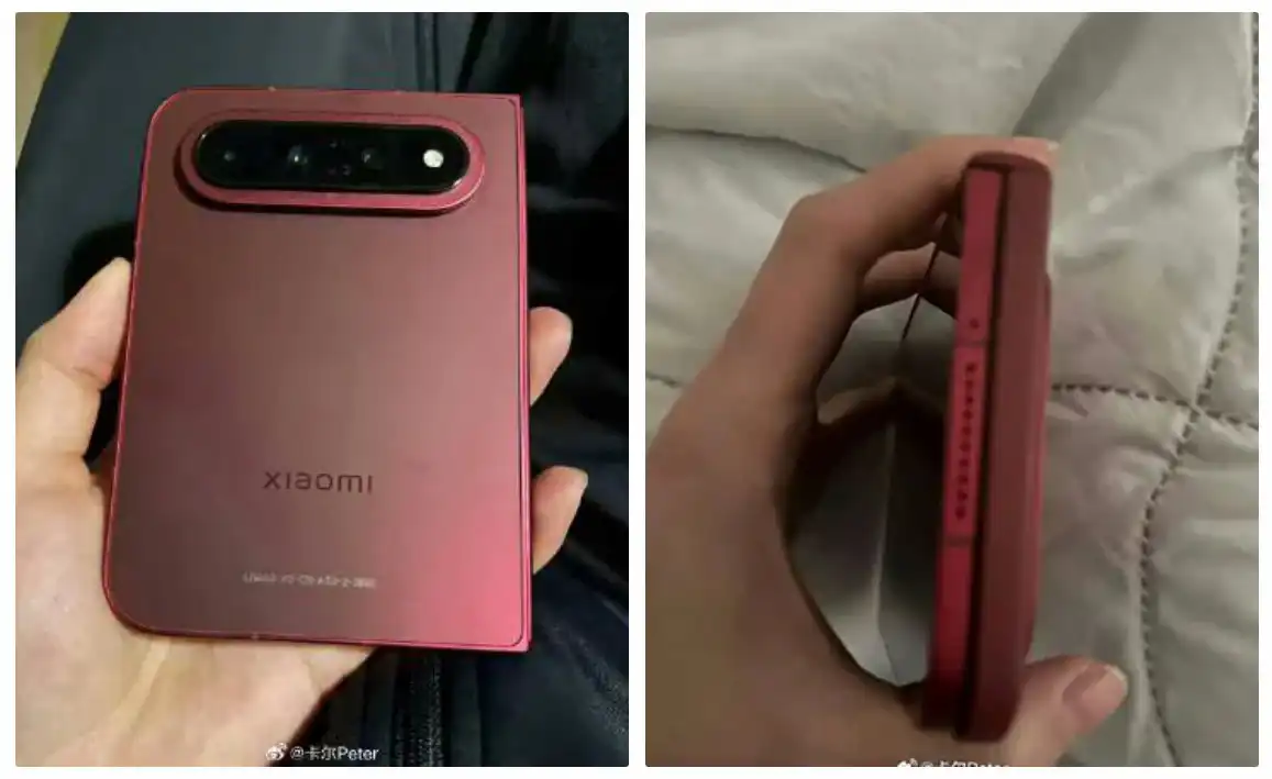 Imagini cu presupusul telefon pliabil Xiaomi 18 Fold, arătând spatele roșu cu modulul de cameră și profilul lateral