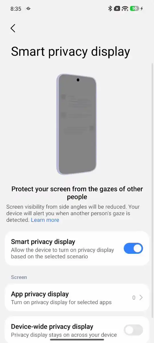 Captura de ecran cu setările pentru funcția Smart Privacy Display pe un telefon Xiaomi