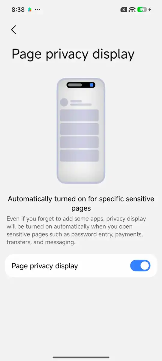 Captură de ecran cu setarea Page privacy display activată pe un telefon Xiaomi