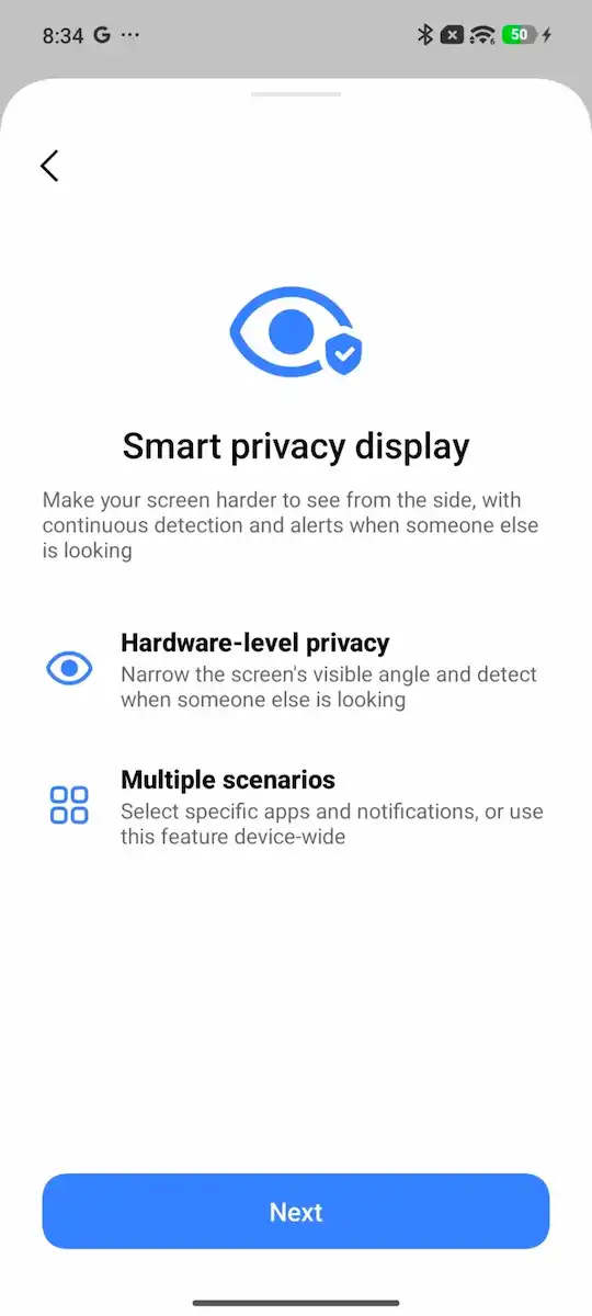 Captură de ecran cu setarea Smart Privacy Display pe un telefon Xiaomi