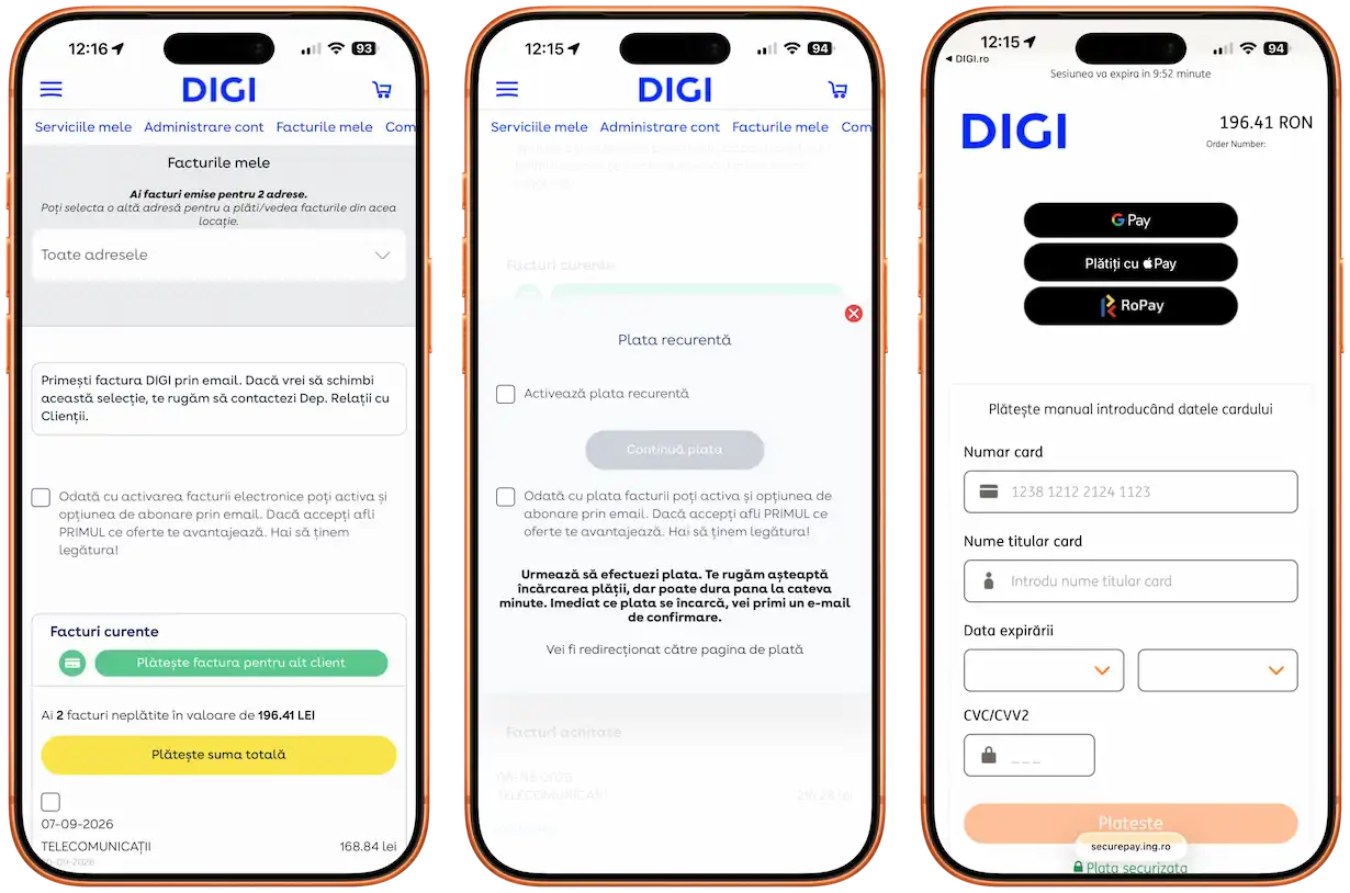 Capturi de ecran din aplicația Digi care arată pașii pentru plățile facturilor prin Google Pay, Apple Pay, RoPay sau card bancar