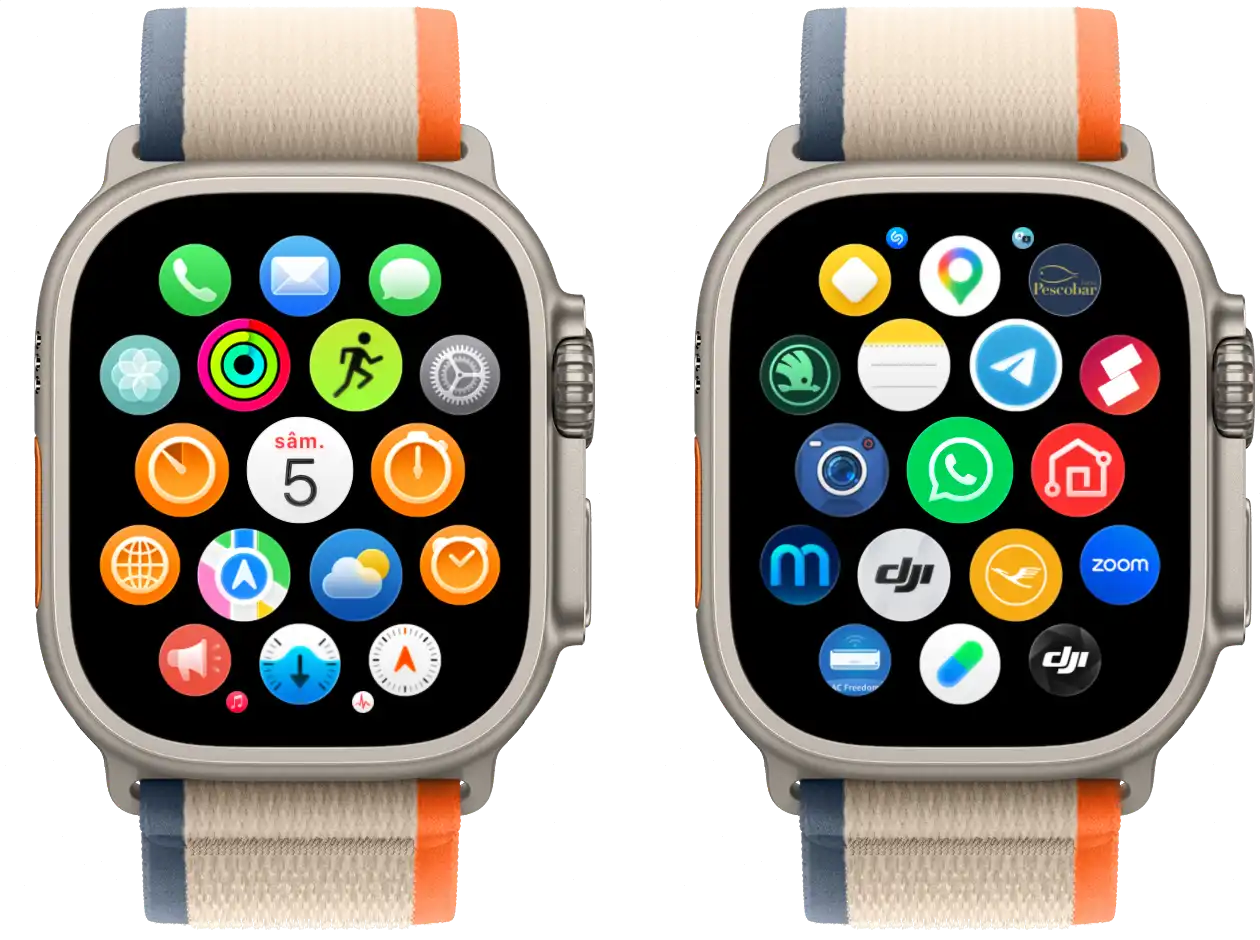 Două Apple Watch-uri care compară vechea grilă de aplicații cu noua interfață Dynamic App Grid din watchOS 27