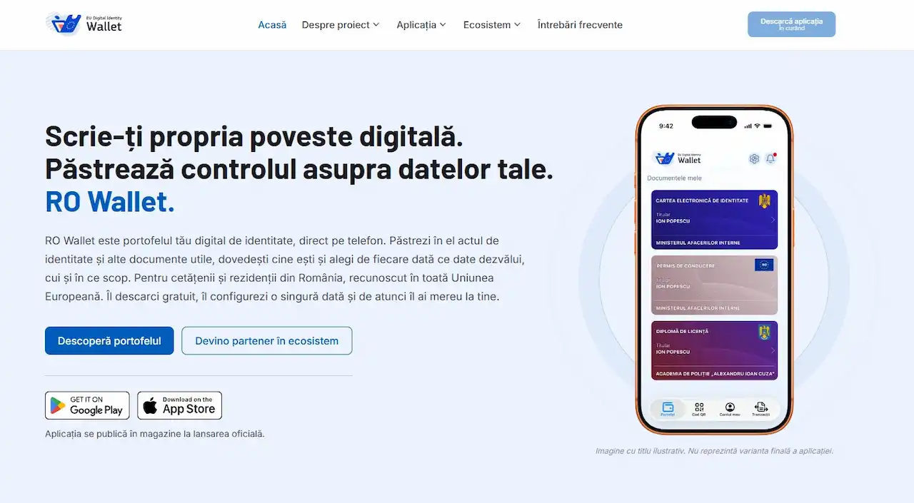Previzualizare a aplicației RO Wallet pe un smartphone, afișând buletinul, permisul de conducere și diplomele în format digital