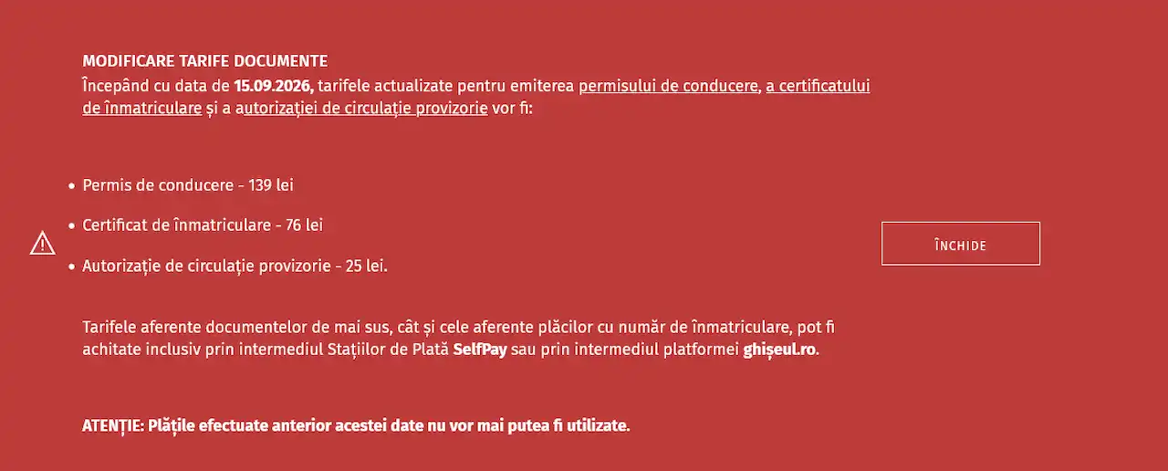 Modificare tarife documente DGPCI începând cu 15.09.2026: permis de conducere 139 lei, certificat înmatriculare 76 lei, autorizație provizorie 25 lei