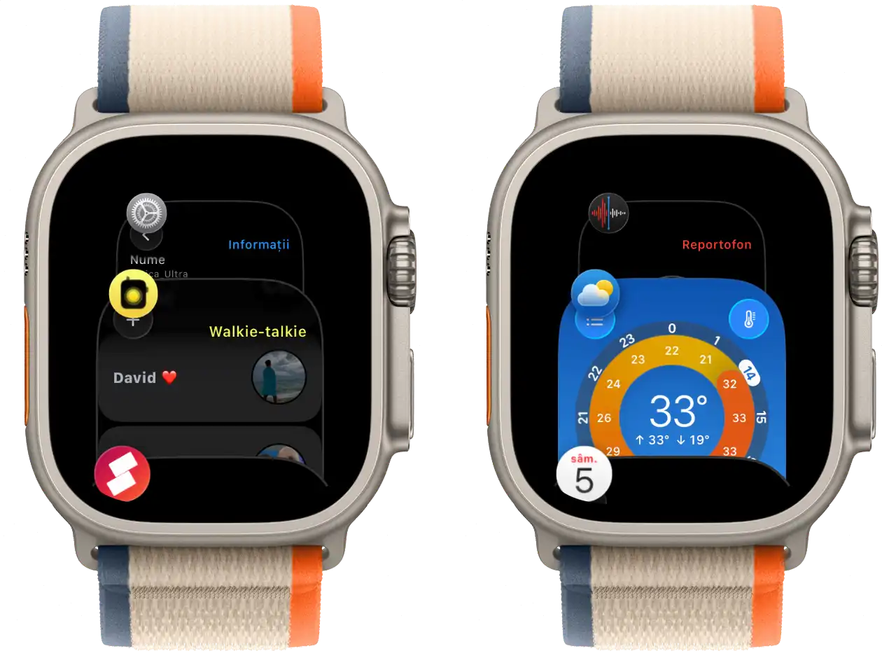 Două ceasuri Apple Watch prezentând interfața de multitasking pentru comutarea între aplicații