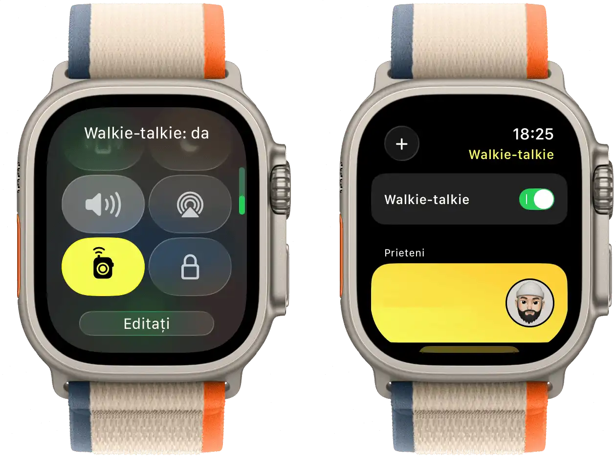 Două imagini Apple Watch care arată aplicația Walkie-Talkie în Centrul de Control și interfața sa principală