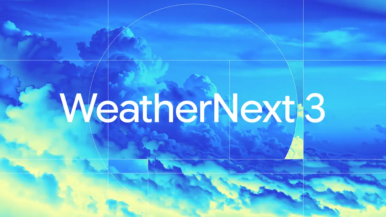 WeatherNext 3 pe un fundal albastru cu nori și linii grafice stilizate